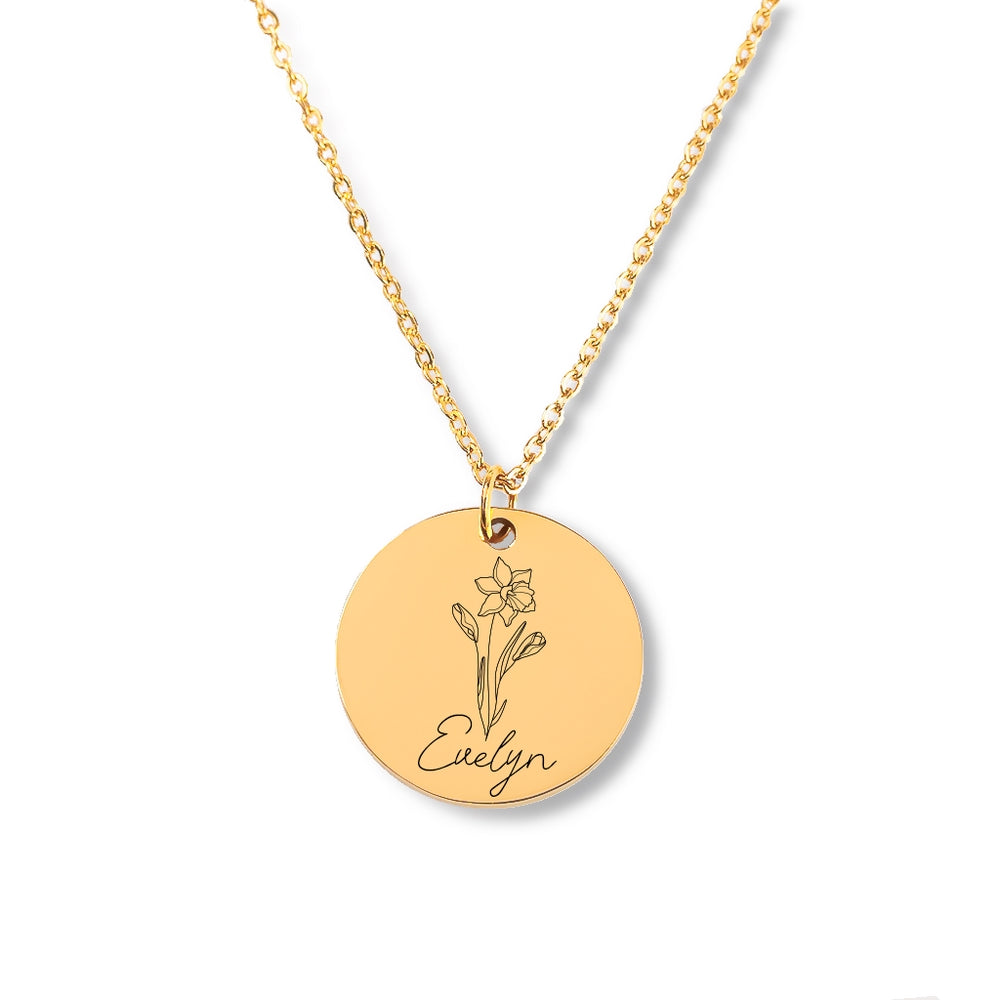 Name & Birth Flower Round Necklace